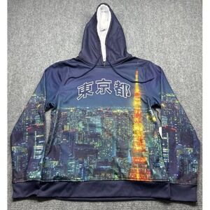 Rue21 Hoodie Sweatshirt Mens M Blue Cozy Sherpa Fleece Tokyo Skyline Graphic New